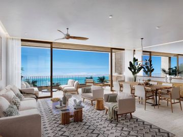 Condominio frente al mar con balcón, cabañas, Camastros, alberca, en Telchac, venta, Merida.