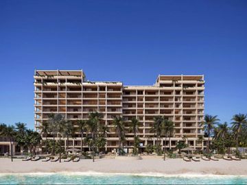 Condominio frente al mar con balcón, cabañas, Camastros, alberca, en Telchac, venta, Merida.